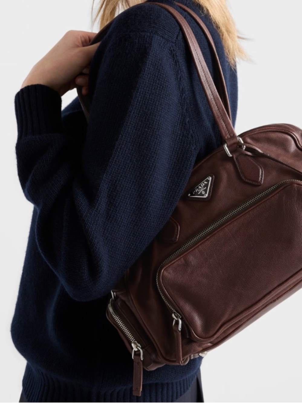 PRADA⭐️Authentic large Brown top handle Washed Bauletto calf skin Leather Bag! - Picture 2 of 16